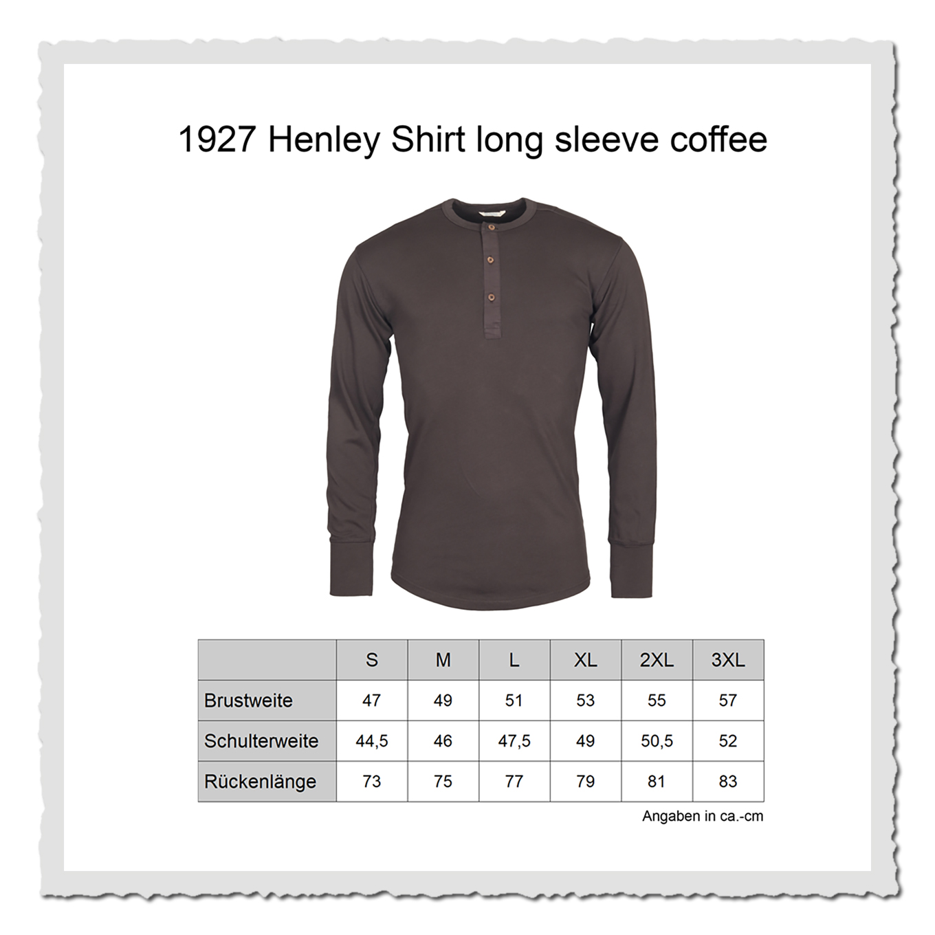 Größentabelle mit braunem Langarmshirt und Maßangaben auf hellem Hintergrund.